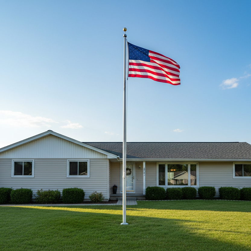 20' flagpole in front of a single story ranch home