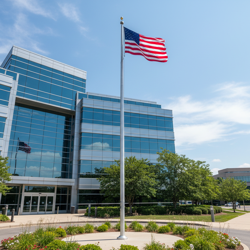 20ft commercial aluminum flagpole in front of commercial building