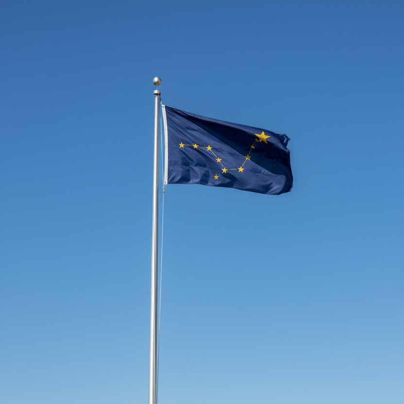 Alaska flag on flagpole with blue sky background