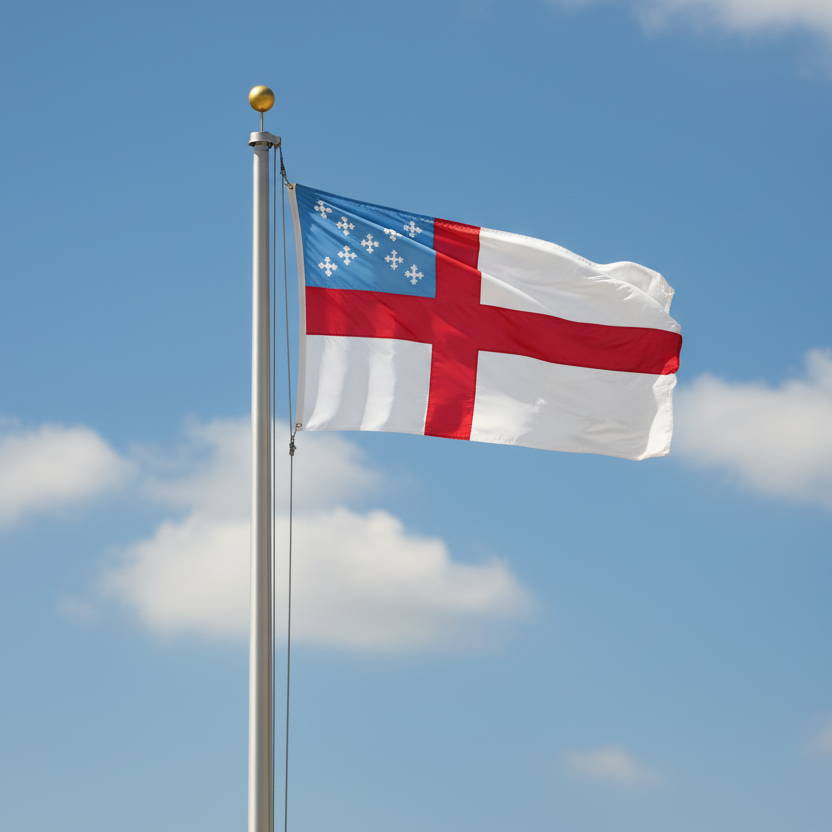 Episcopal flag on flagpole with sky
