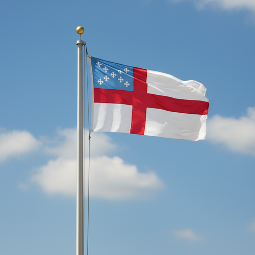 Episcopal flag on flagpole with sky