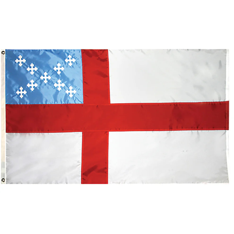 Flag with blue background, red cross, and white crosses on a white background