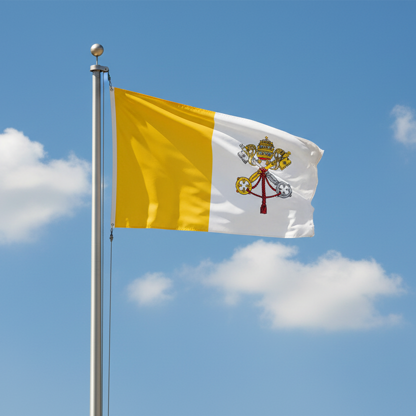 Vatican City Papal flag waving against a clear blue sky with some clouds.