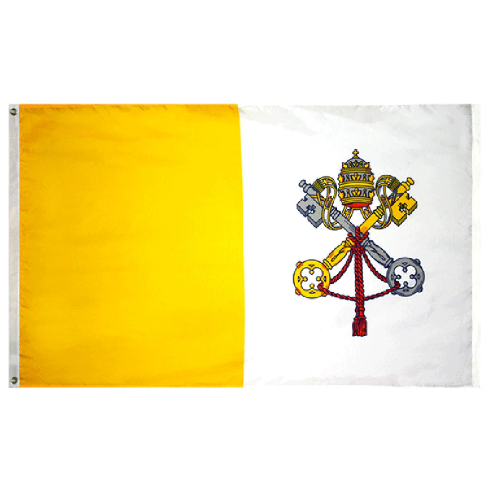Papal Flag with yellow and white background featuring a central emblem