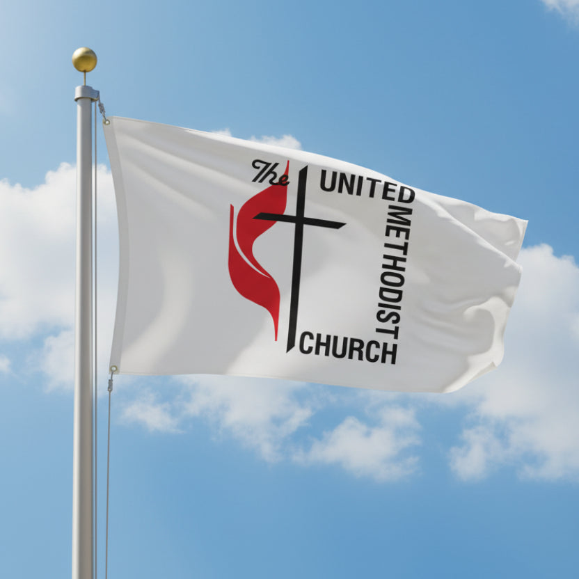 Flag with United Methodist Church logo featuring a cross and red flame on a white background