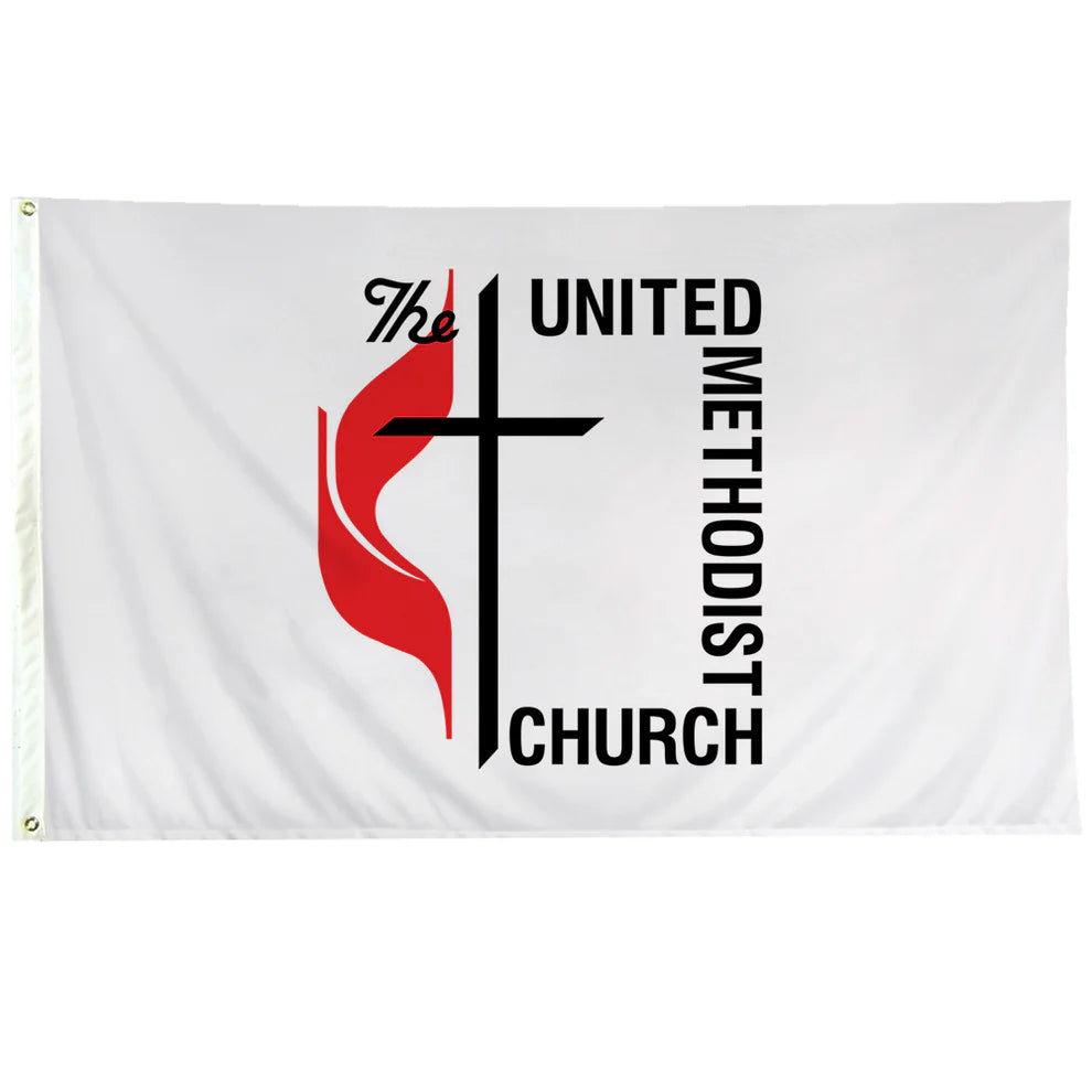 Flag with United Methodist Church logo featuring a cross and red flame on a white background